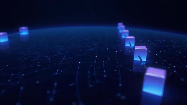 Glowing blockchain cube network connection across digital neon grid, futuristic data flow atmosphere