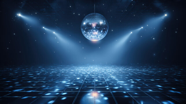 Vibrant blue disco background features shimmering disco ball suspended above dance floor illuminated by soft lights. atmosphere is energetic and inviting, perfect for dancing and celebration