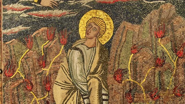 Mosaic icon depicting Moses and the Burning Bush at Saint Catherine Monastery. Cinematic dolly back or pull-out motion