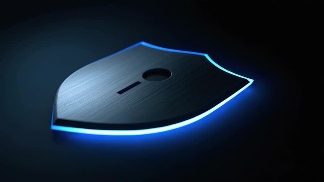 Futuristic metal shield glowing blue edge with keyhole and security glow for cyber protection