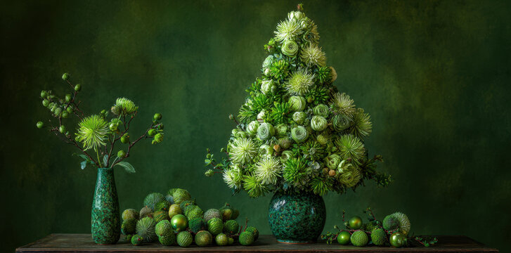 Unique Christmas tree made of green flowers and foliage stands against deep green background, accompanied by matching vase filled with greenery and decorative fruits, creating harmonious