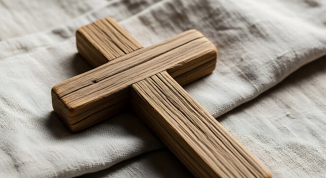 A wooden cross on a gray cloth with a textured surface