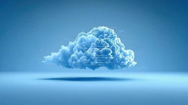 Fluffy blue cloud floating above reflective surface with digital data streaks and calming