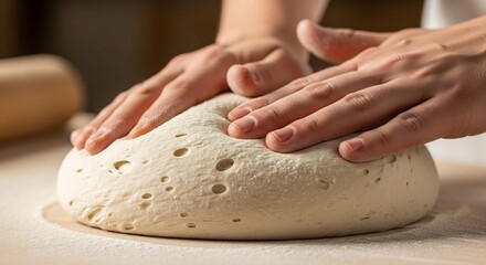 Hands Kneading Fresh Dough on a Wooden Surface for Baking.
