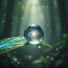 A dewdrop rests on a green leaf reflecting a vivid, galaxy like scene within. 
