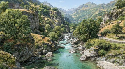 Serene Mountain Landscape with River and Lush Green Trees in a Scenic Valley Under Clear Blue Sky
