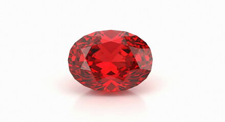 A vibrant red gemstone is showcased against a pristine white background from a straightforward viewpoint.