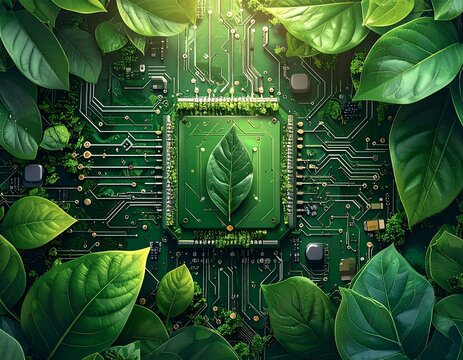 A green circuit board with leaves and foliage growing around it