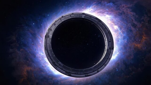 Ring portal space nebula halo galaxy gateway glowing with distant stars orbiting colorful nebula
