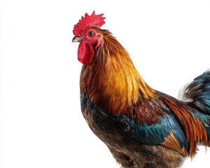 Colorful rooster portrait on white background.