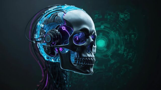 Cyborg skull neon circuitry glowing eye robotic futuristic head cybernetic sensors eerie intensity