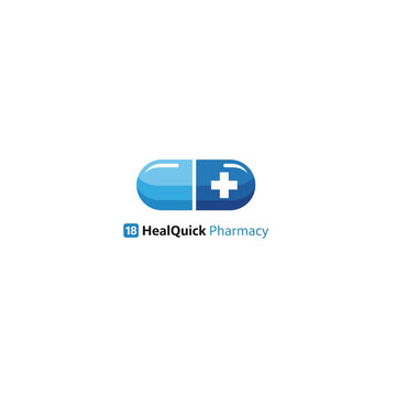 Healquick pharmacy logo with blue capsule and white cross