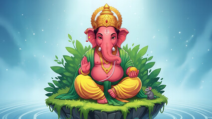 Serene Ganesha sitting on a lush green island surrounded by calm waters and vibrant foliage in a peaceful illustration