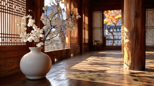 Warm sunlight and shadows in a traditional Korean Hanok interior with white spring blossoms