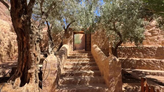 Pov walking inside Saint Catherine monastery courtyard