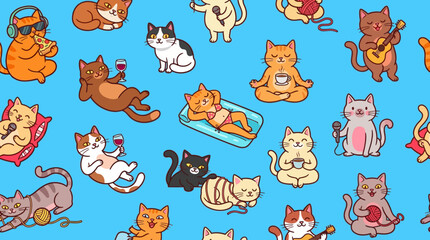 Obraz premium Cute Cartoon Cats Seamless Pattern: Playful Felines Enjoying Hobbies Like Meditating, Singing, and Relaxing on a Bright Blue Background