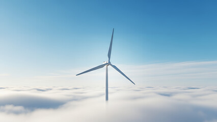 Wind turbine standing above cloudy landscape viewed from below under a clear blue sky
