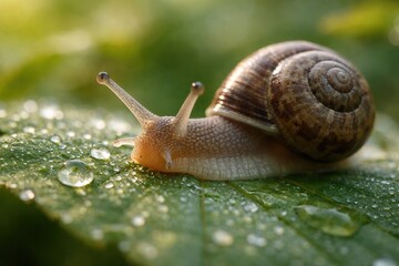 Snail's Morning Journey: A Close-Up of Life on a Dewy Leaf