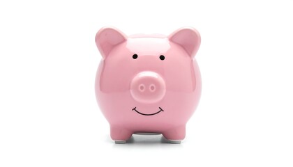 Obraz premium Glossy pastel pink ceramic piggy bank with a friendly smile, perfect for saving money and symbolizing financial security, isolated on a clean white background