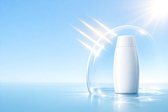 紫外線対策をイメージした日焼け止めボトルと輝く光の背景