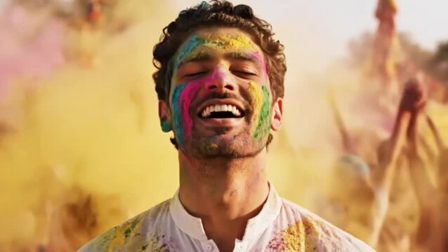 Close-up slow motion portrait of handsome Arab guy with painted face standing outdoors at Holi festival
