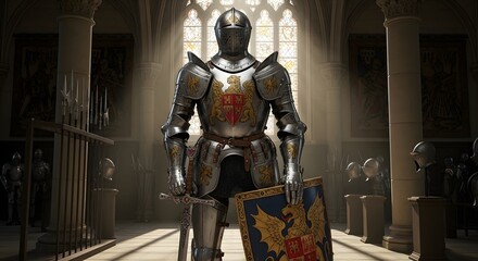 A formidable medieval knight in gleaming full plate armor stands proudly within a majestic, sunlit cathedral hall, embodying strength and historic grandeur