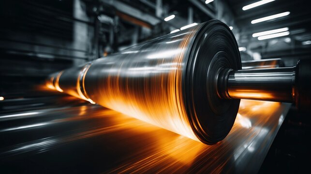 High speed rotating cylinders with warm orange light inside professional offset printing machine