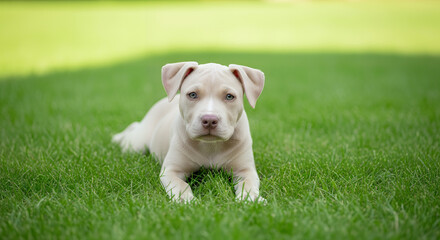Adorable puppy lying on lush green grass, viewed from a slight angle, capturing a heartwarming outdoor scene.