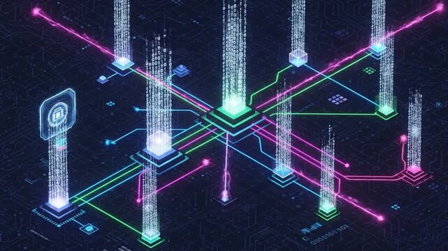 Abstract Neon Isometric Data Flow High-Tech Digital Circuit Background