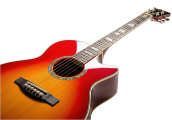 A close-up view of a red and white electric guitar with a sunburst finish, isolated on transparent background