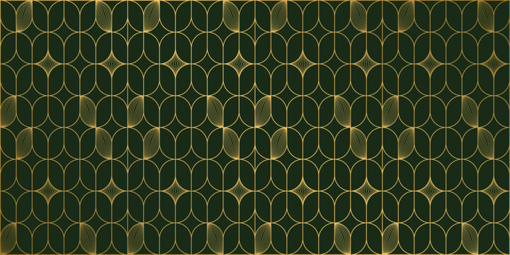 Luxury geometric gold line art and art deco background vector. Abstract green geometric frame and elegant art nouveau with delicate. Illustration design for invitation, banner, vip, interior, decorati