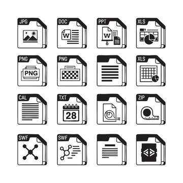 Assorted file icons JPG, DOC, PPT, XLS, PNG, CAL, TXT, ZIP, SWF, SWF displayed neatly in grid formation on white background from straight-on viewpoint