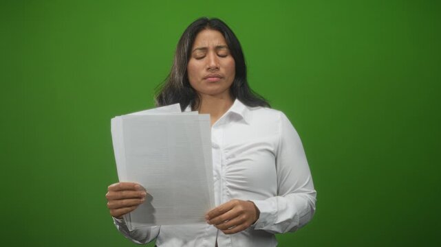 Woman holding papers with hands, finger to lips hush gesture while reading a script in a green studio setting; quiet contemplation.