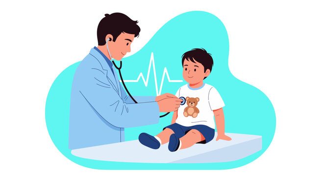Doctor examining young boy with stethoscope illustration.