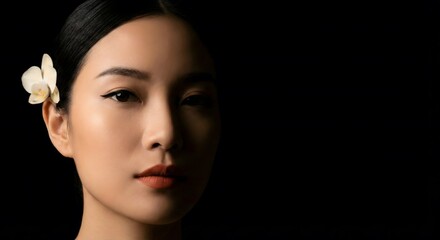 Fototapeta premium Cinematic portrait of a beautiful Asian woman in traditional clothing in a moody setting