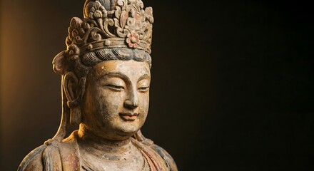 Obraz premium Golden Buddha statue in a dark temple setting with dramatic cinematic lighting