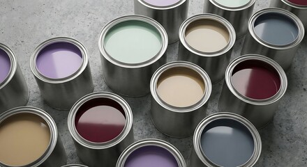 Fototapeta premium Colorful paint cans and pigment powders arranged aesthetically from a top view