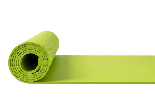 Bright lime-colored yoga mat partially unrolled on a smooth mat surface isolated on a transparent background