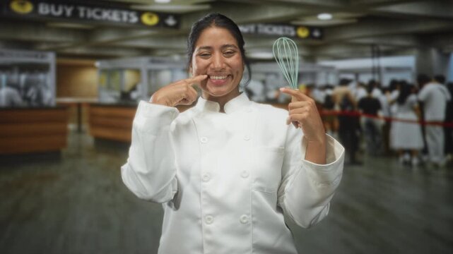 Woman chef holding whisk points finger to teeth at airport ticketing hall, smiling and showing teeth; pride celebration.