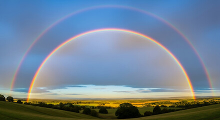 Fototapeta premium A double rainbow arching over a serene landscape with lush green fields and trees, captured from a distant viewpoint.