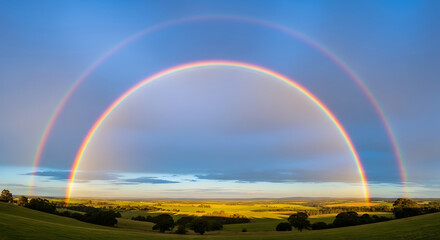 Fototapeta premium Double Rainbow over Green Landscape with Trees and Cloudy Sky