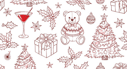 Christmas holiday hand drawn vector illustration set with teddy bear, gift boxes, decorated tree, holly leaves, stars and festive elements in vintage sketch style © Jahangir