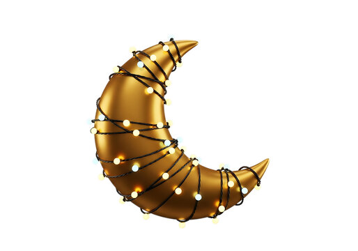 Glowing Golden Moon Shell with Lit Wire Lights Transparent isolated on a transparent background