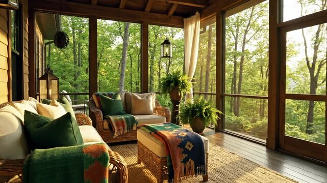 Cozy sunroom with comfortable furniture and lush greenery surrounding a serene forest atmosphere from an interior viewpoint