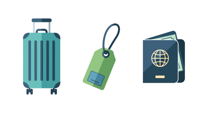 Travel preparation illustration featuring luggage, passport, and travel tag on a clean background from a straightforward viewpoint.