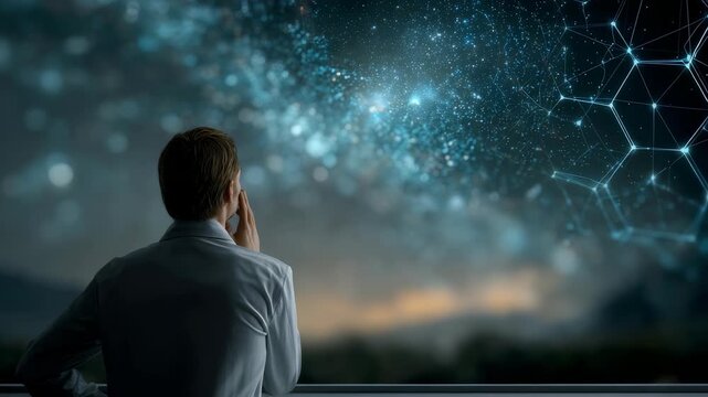A person in a white shirt looks out at a glowing digital network and cosmic stars, symbolizing imagination and progress. The image evokes themes of future technology and visionary thinking