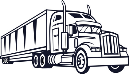 Truck and trailer outline, transportation, logistics, flat vector illustration
