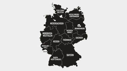 Black & White Map of Germany with Federal States (Bundesländer) and Capital Berlin, Labeled. Distressed Grunge Background. © Dreamine