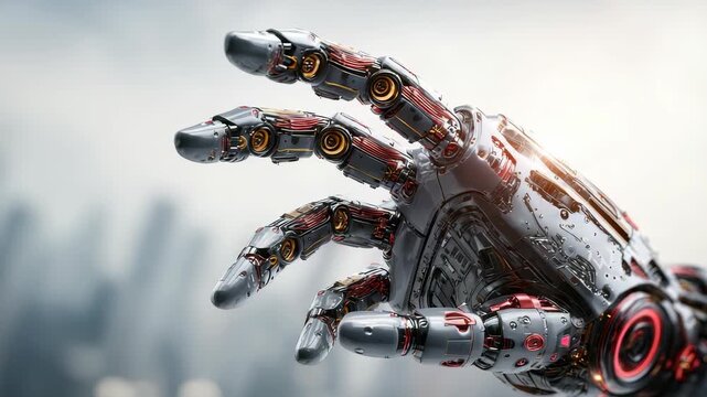 Close up highly detailed cybernetic hand showcasing advanced robotics, engineering, set before futuristic city. Symbolizes innovation, AI, future human machine interaction
