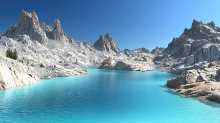 Obraz premium Serene Mountain Landscape with Crystal Clear Lake and Majestic Rocky Peaks Under a Bright Blue Sky